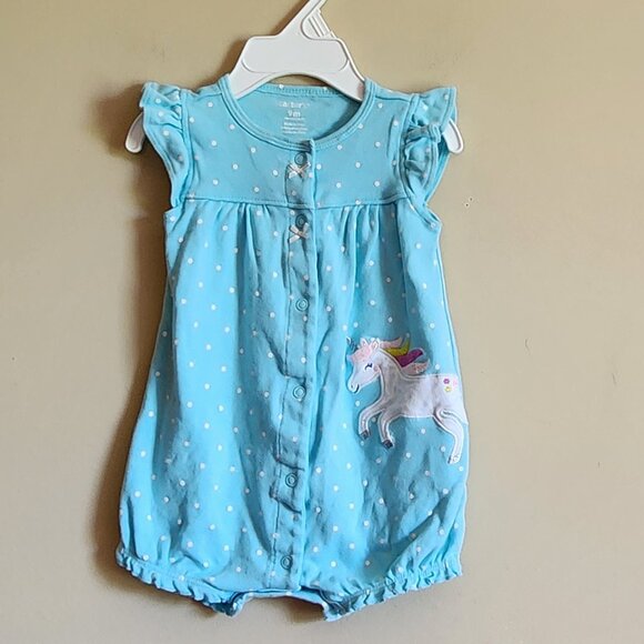 Carter's Aqua With White Polka Dots Unicorn Romper Size 9 Months - Picture 2 of 5